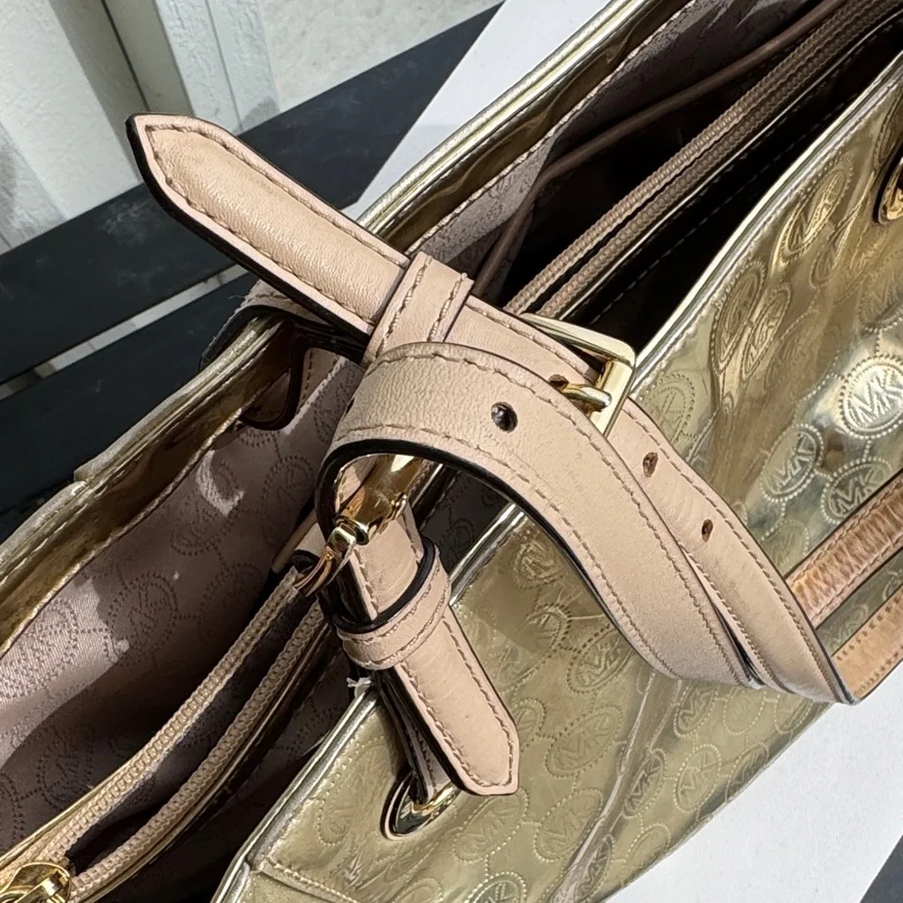 Michael Kors Gold Metallic Embossed MK Tote with Tan Handles - Picture 3 of 13